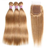 #27 Straight Human Hair With Closure Virgin Hair 3 Bundles With 4x4 Closure